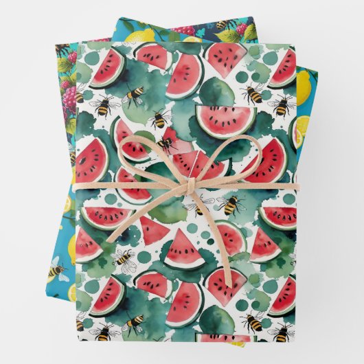 Obst und Bienen Wassermelonen Zitronen und Rasberr Geschenkpapier Set (Beispiel)