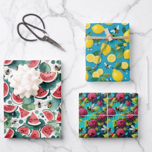 Obst und Bienen Wassermelonen Zitronen und Rasberr Geschenkpapier Set (Vorderseite)