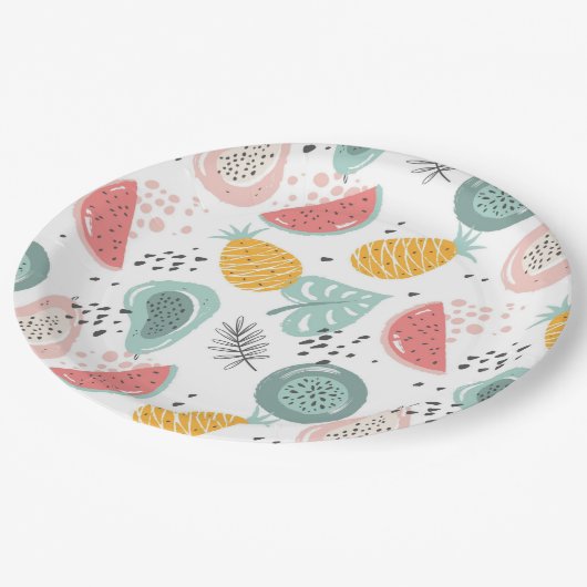 Obst und Blattwerk Pappteller (Schrägansicht)