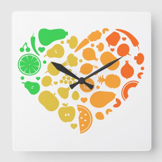 Obst- und Gemüseherz - Großes Veganes Geschenk Quadratische Wanduhr (Vorderseite)