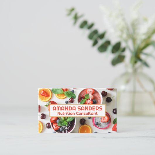 Obst und Smoothies, auf den Tisch gelegt Visitenkarte (Stehend Vorderseite)