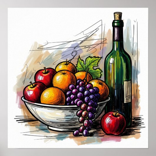 Obst und Wein Stillleben Poster (Vorne)