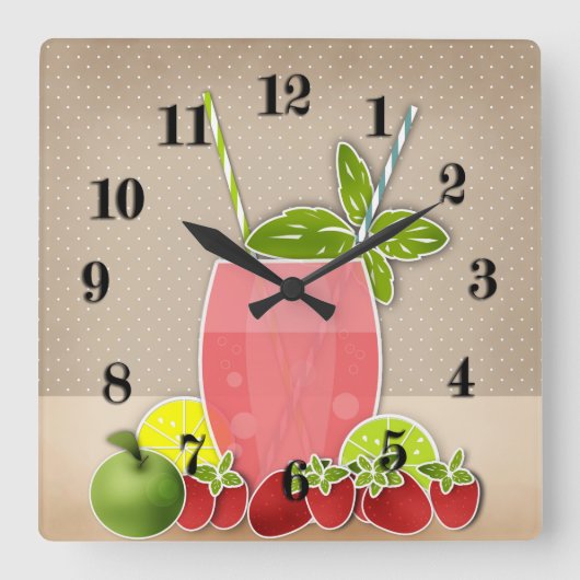 Obstcocktail Erdbeere ApfelZitrone Limon Retro Quadratische Wanduhr (Vorderseite)
