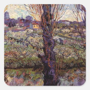 Obstgarten in Blossom, Arles von Vincent van Gogh Quadratischer Aufkleber