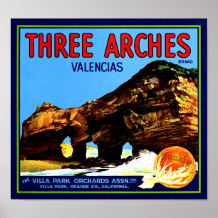 Obstkorb-Etikett "Three Arches Valencia Orange" Poster