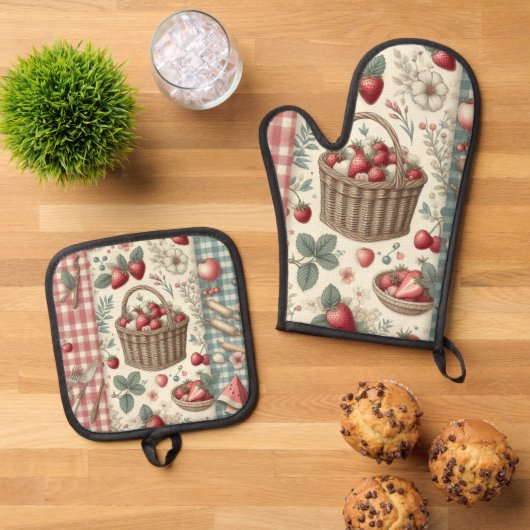 Obstkorb Gingham-Spaß Ofenhandschuh & Topflappen-Set (Oben Unten)