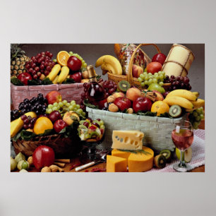 Obstkörbe, gemischte Früchte und Käse Poster
