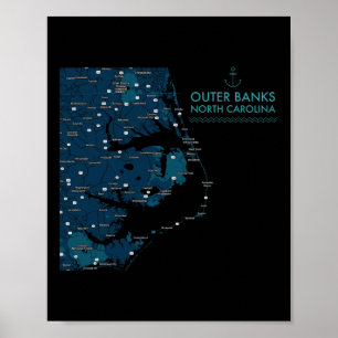 Obx nc Außenbanks Karte Duck Corolla Beach Urlaub Poster