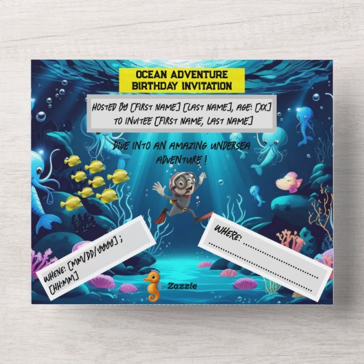 Ocean Adventure Birthday - Flat Card All In One Einladung (Vorderseite)