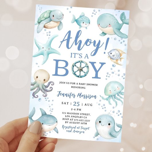 Ocean Ahoy It's A Boy Blue Sea Baby Shower Einladung