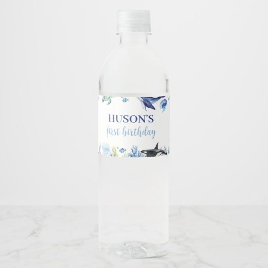 Ocean Animal Boy Birthday Water Flasche Label Wasserflaschenetikett (Vorderseite)
