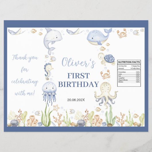 Ocean Animals Boy Birthday Chip Bag Wrapper Flyer (Vorne)