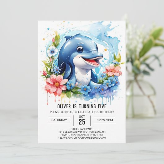 Ocean Animals Fantasy Dolphin Geburtstag Einladung (Stehend Vorderseite)