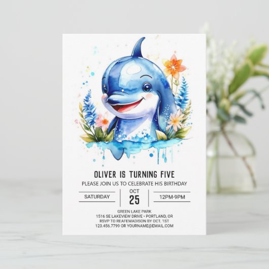Ocean Animals Fantasy Dolphin Geburtstag Einladung (Stehend Vorderseite)