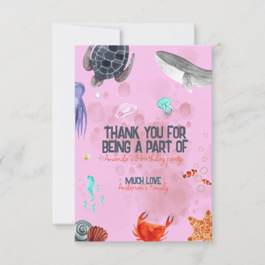 Ocean Animals Kinder Party Rosa Danke Karte (Vorderseite)