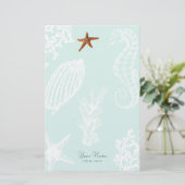 Ocean Aqua Seashell Muster Name personalisiert Briefpapier (Stehend Vorderseite)
