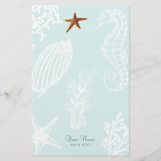 Ocean Aqua Seashell Muster Name personalisiert Briefpapier (Vorderseite)