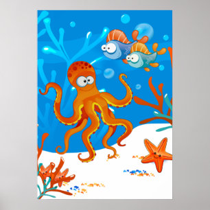 Ocean Aquatic Niedlich Octopus Starfish Kids Room Poster