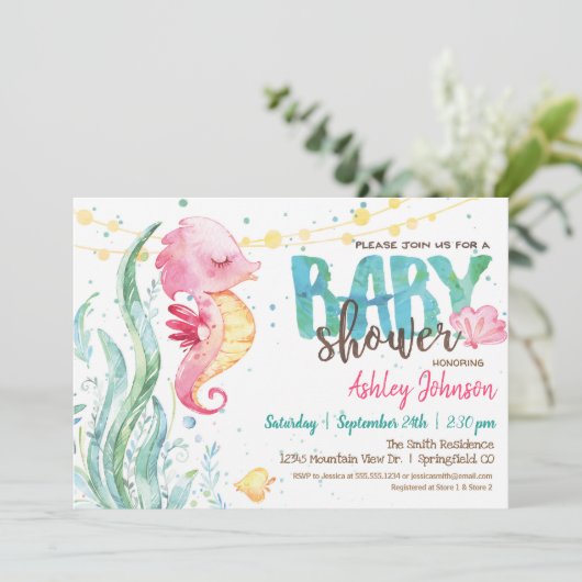 Ocean Baby Dusche, Girl Pink Seepferd Einladung (Stehend Vorderseite)