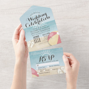 Ocean Beach Balls Slippers Sun Summer Wedding RSVP All In One Einladung