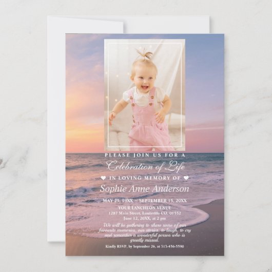 Ocean Beach Beerdigung Feier des Lebens Girl Foto Einladung (Vorderseite)