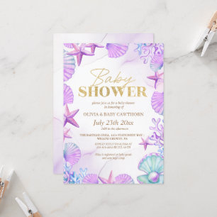 Ocean Beach Coral Blue Gold Baby Girl Dusche Einladung