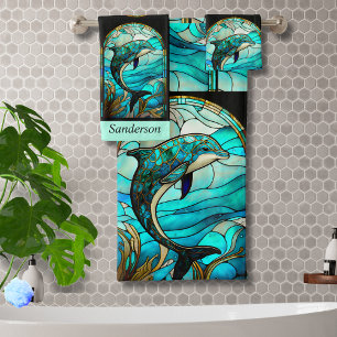 Ocean Beach House Blue Dolphin Imitate verkleidete Badhandtuch Set