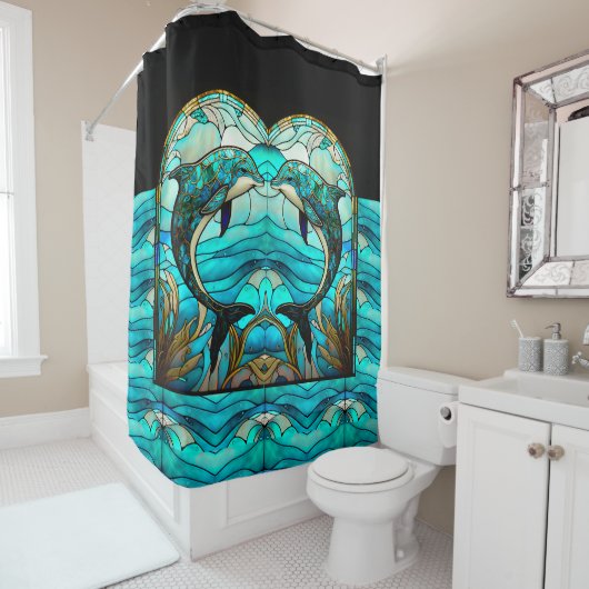 Ocean Beach House Blue Dolphin Imitate verkleidete Duschvorhang (Beispiel)