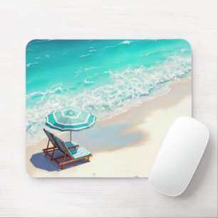 Ocean Beach mit Chaise Lounge und Regenschirm Mousepad