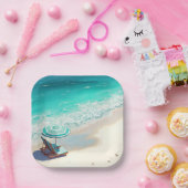 Ocean Beach mit Chaise Lounge und Regenschirm Pappteller (Party)