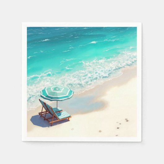 Ocean Beach mit Chaise Lounge und Regenschirm Serviette (Vorderseite)