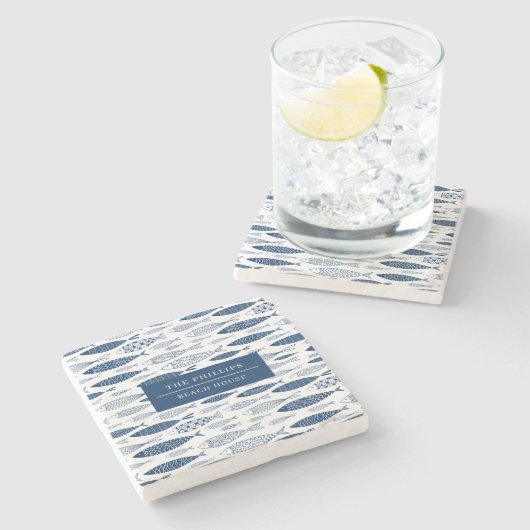 Ocean Beach Nautical Fish Muster Steinuntersetzer (Seitenansicht)