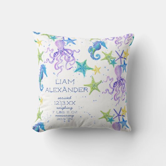 Ocean Beach Octopus Seepferd Boy Baby Birth Stat Kissen (Vorderseite)