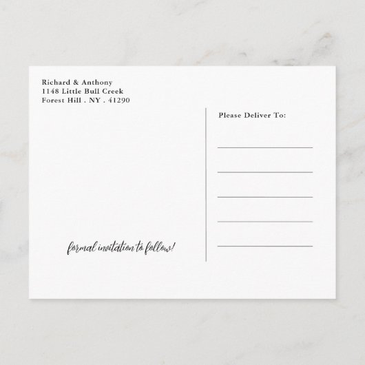 Ocean Beach Palm Hochzeit speichern das Datum Ankündigungspostkarte (Rückseite)