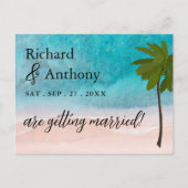 Ocean Beach Palm Hochzeit speichern das Datum Ankündigungspostkarte (Vorderseite)