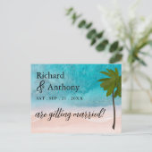 Ocean Beach Palm Hochzeit speichern das Datum Ankündigungspostkarte (Stehend Vorderseite)