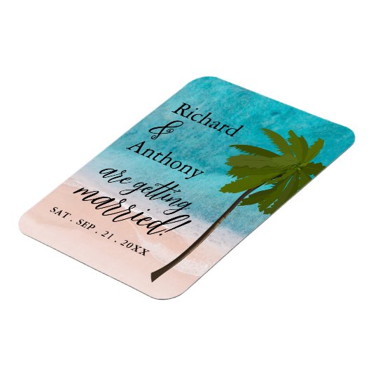 Ocean Beach Palm Hochzeit speichern das Datum Magnet (Linke Seite)