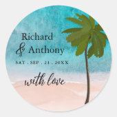 Ocean Beach Palm Tree Gastgeschenk Hochzeit Runder Aufkleber (Vorderseite)