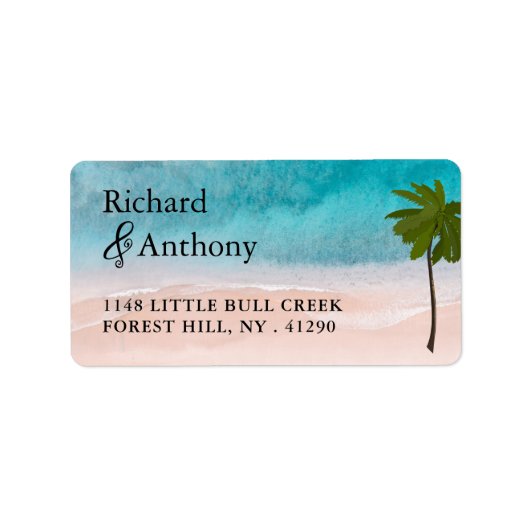 Ocean Beach Palm Tree Wedding Adressaufkleber (Vorne)