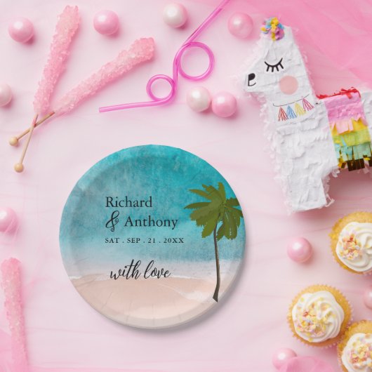 Ocean Beach Palm Tree Wedding Pappteller (Party)