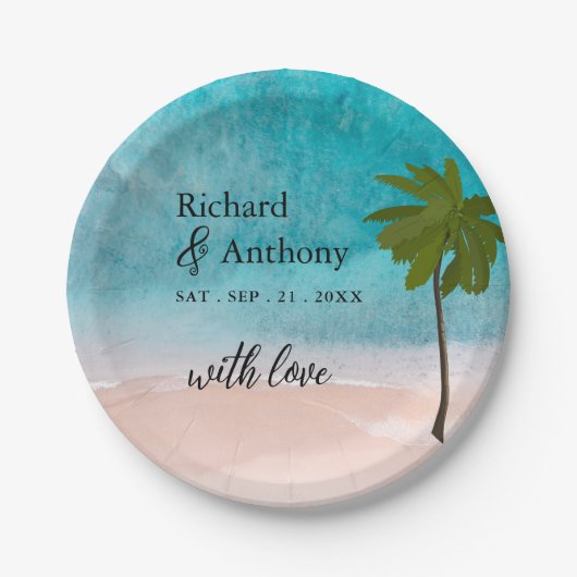 Ocean Beach Palm Tree Wedding Pappteller (Vorderseite)