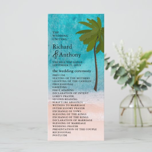 Ocean Beach Palm Tree Wedding Programm (Stehend Vorderseite)