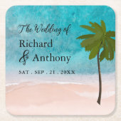 Ocean Beach Palm Tree Wedding Rechteckiger Pappuntersetzer (Vorderseite)