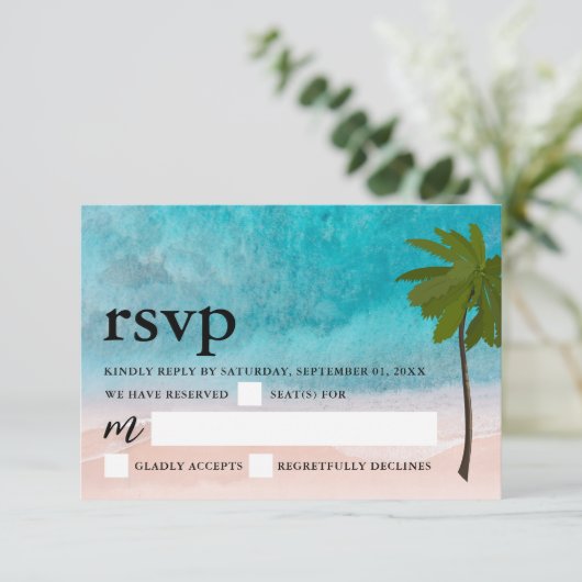 Ocean Beach Palm Tree Wedding RSVP (Stehend Vorderseite)