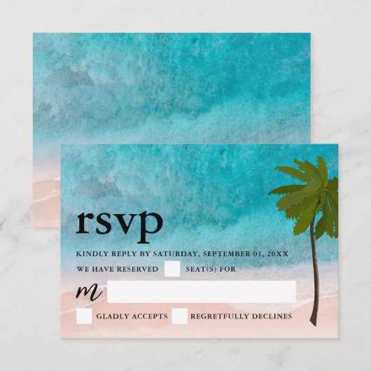 Ocean Beach Palm Tree Wedding RSVP Karte (Vorne/Hinten)