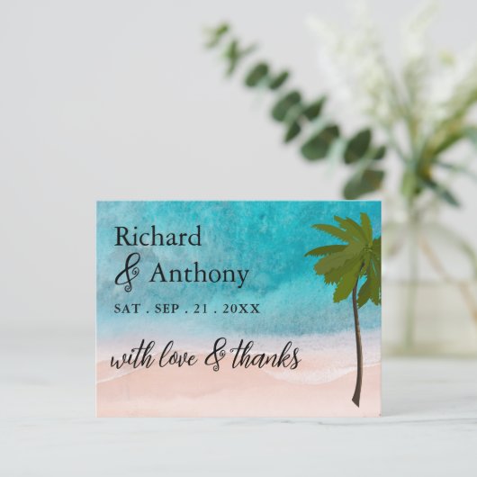 Ocean Beach Palm Tree Wedding Vielen Dank Postkarte (Stehend Vorderseite)