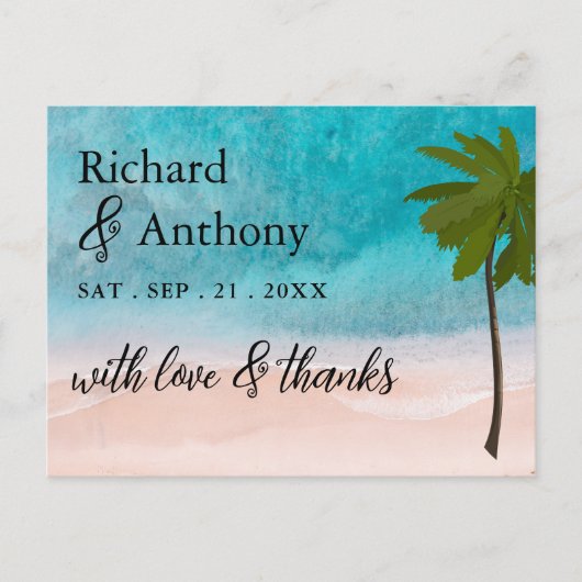 Ocean Beach Palm Tree Wedding Vielen Dank Postkarte (Vorderseite)