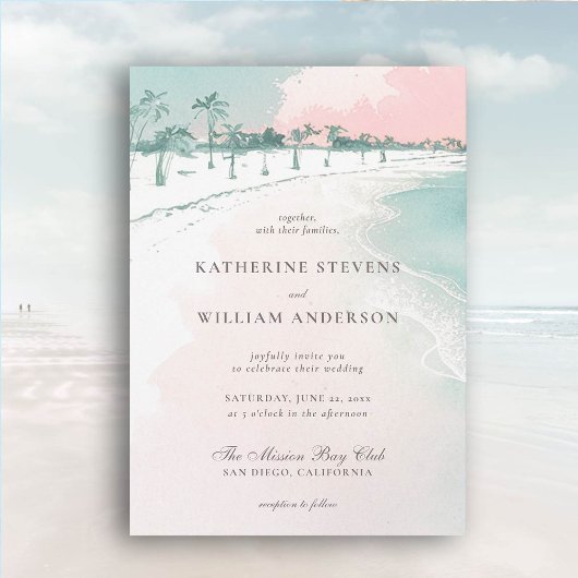Ocean Beach Palm Trees Pink Sky Elegante Hochzeit Einladung