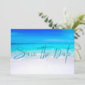 Ocean Beach Sand Destination Blue Modern Save The Date (Stehend Vorderseite)