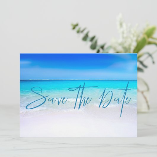 Ocean Beach Sand Destination Blue Modern Save The Date (Stehend Vorderseite)